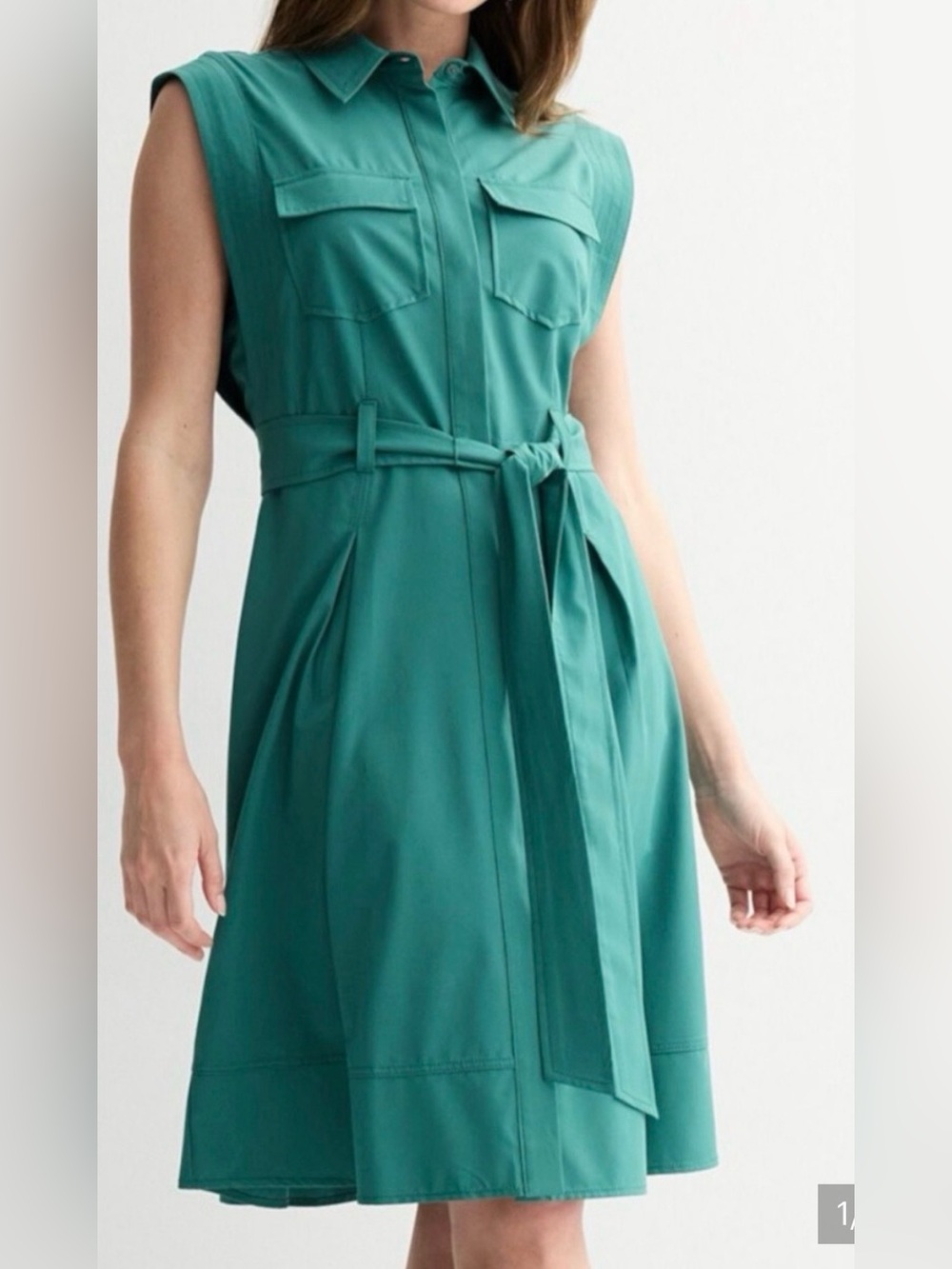 Andrew Marc Sleeveless Teal-Green Midi Shirt Dress with Tie Waist